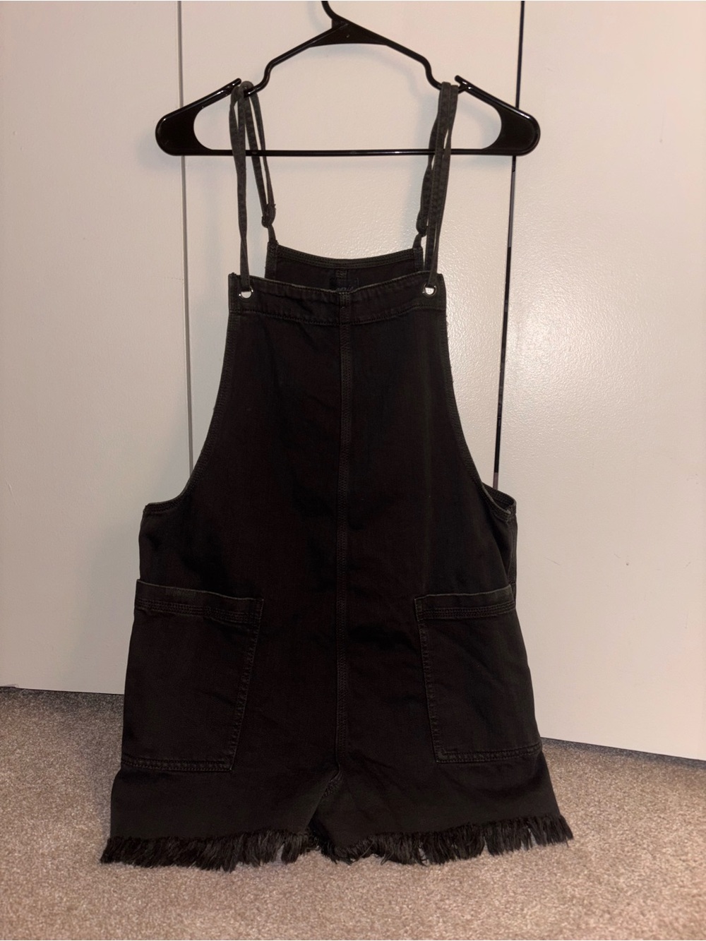 aerie Black Denim Overall Shorts with Fringed Hem